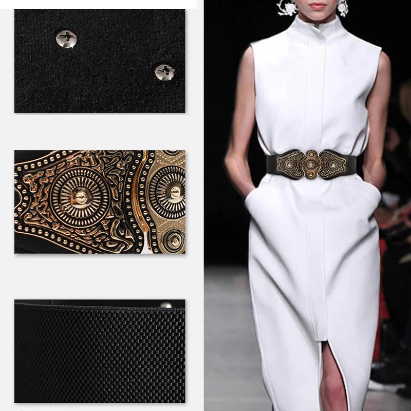 

Women Retro Elastic Waistband Elegant Belt Fashion Vintage Leather Waist Catwalk Dress Big Belts Wear Clothes Accessories