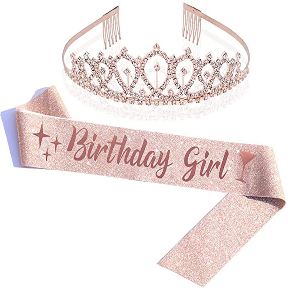 

Happy Birthday 30th 40th 50th Rose Gold Satin Sash Crown Birthday Party Decorations Adult 30 40 50 Anniversary Party Supplies