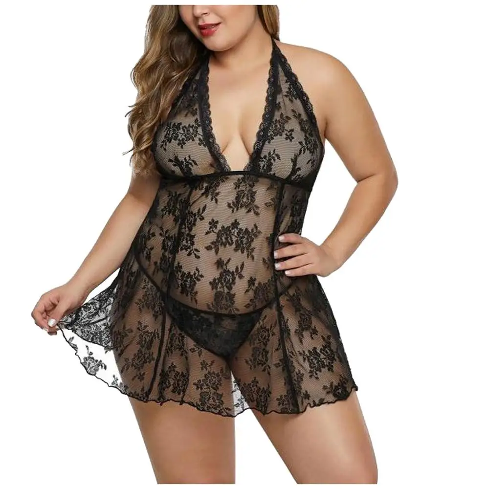 

Plus Size 2XL Sexy Nightdress Women Camisola Lace See Through Sexy Night Dress Summer Nightgowns Halter Nightie Sleepwear Sets