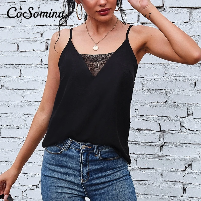 

CoSomina кружевное платье, с вышивкой, v-образный ворот, летнее платье на бретельках Топы для женщин 2021 Спагетти ремень пикантные женские черные ...
