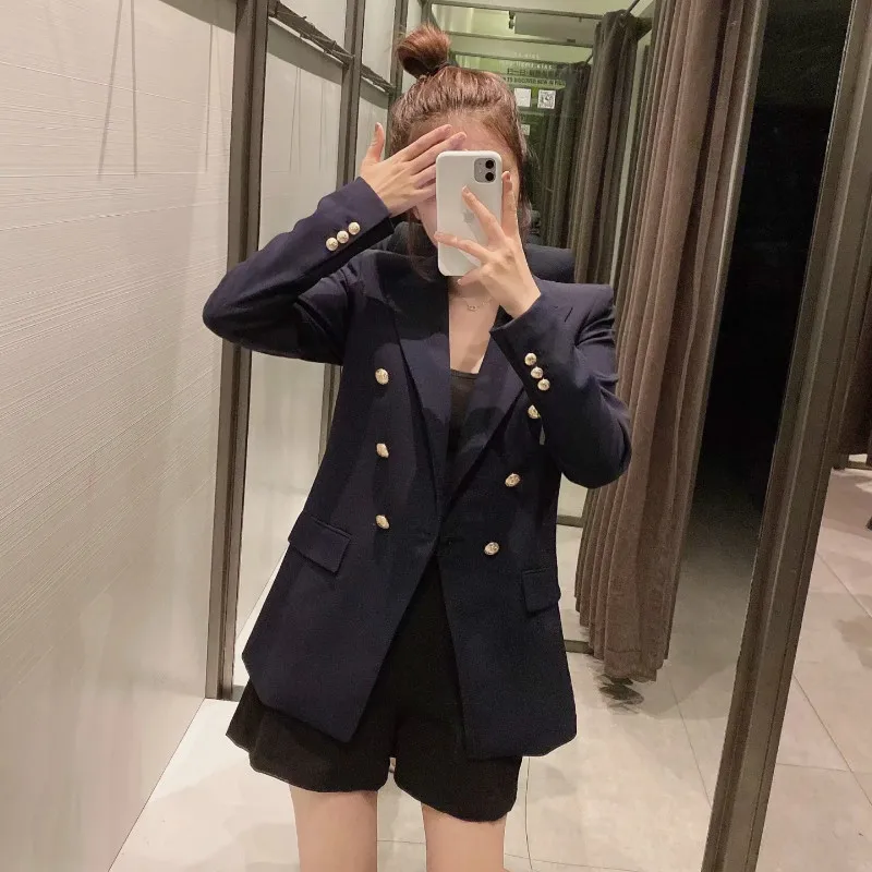 

Navy Blue Vintage Blazers Women Work Office Formal Suits Student Interview Suit Single Button Solid Colors Splicing Blazer Coats