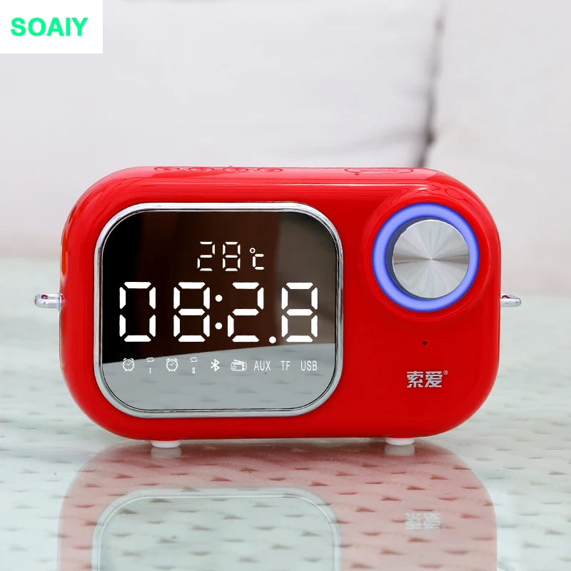 SOAIY E16 беспроводной Bluetooth динамик супер бас открытый мини-будильник небольшой динамик fm-радио температурный дисплей карта динамик - Цвет: Красный