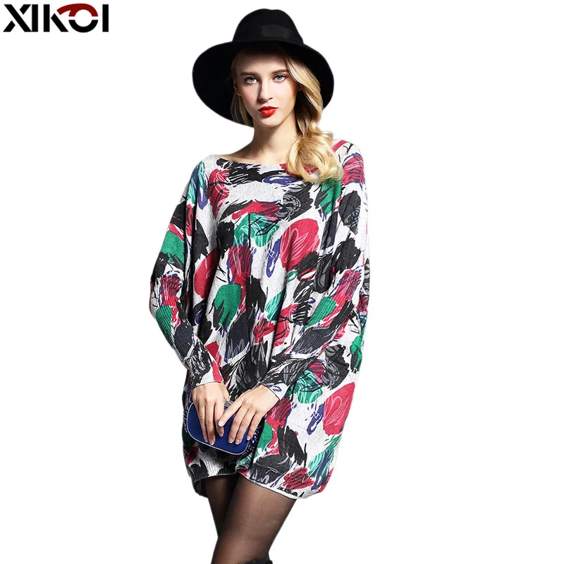 XIKOI Oversize Sweater Women Jumper Fashion Long Batwing Sleeve Pullover Print Slash Neck Pullovers Knitted Sweaters | Женская одежда