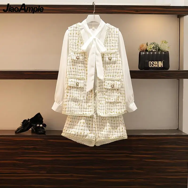 Женский элегантный офисный костюм из 3 предметов элегантная рубашка с бантом +