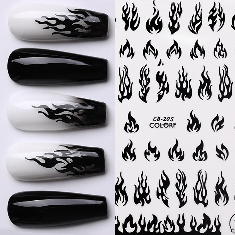 Переливающиеся черно-белые 3D-Наклейки для ногтей с рисунком огня слайдеры