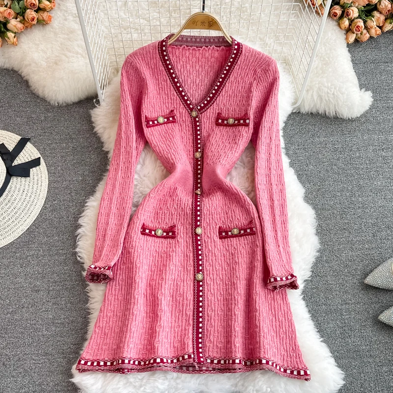 

V-neck Knitted Dress Fall Retro Waist-Controlled Temperament Small Size Pink Long Sleeve A- line dress for women