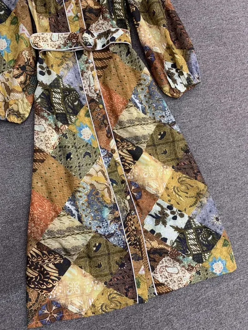 

Vintage Retro 2020 Spring Summer Designer Fashion Women Tunic Buttons Belt Deco 3/4 Sleeve Mid-Calf Length Dress Clothing