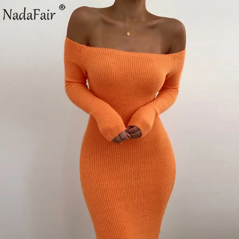 Женское трикотажное платье Nadafair черное или оранжевое однотонное облегающее миди
