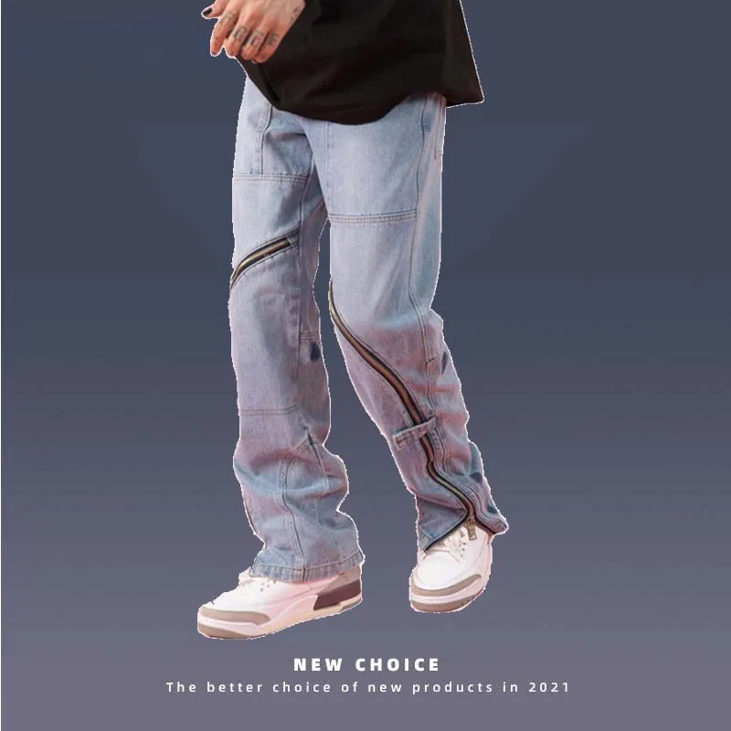 

Denim Casual Pants Men Streetwear Hip Hop Distorted Zipper Design Slim Denim Pants Mens Vintage Harajuku Hipster Straight Jeans