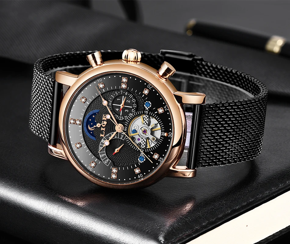 LIGE, подарок, мужские часы, брендовые, Роскошные, модные, Tourbillon, автоматические механические часы, мужские часы из нержавеющей стали, Relogio Masculino