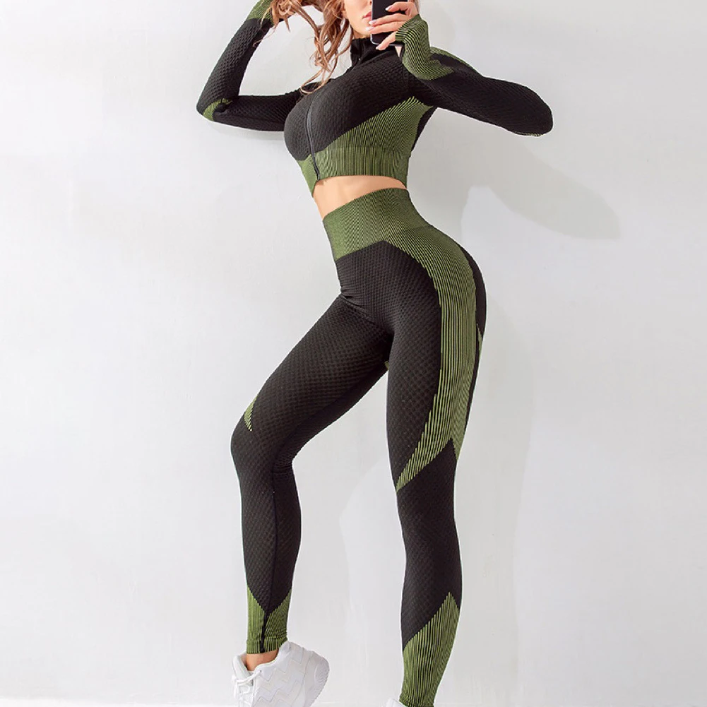 

Newly Women's 2-Piece Yoga Sports Suit Long Sleeve Front Zip High Top & Waist Seamless Leggings Quick Dry S-L m99