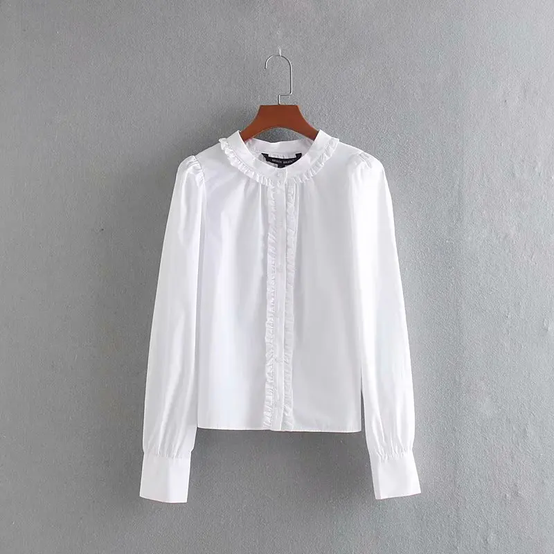 Новые женские модные белые блузки с круглым вырезом и рюшами кружевные рубашки