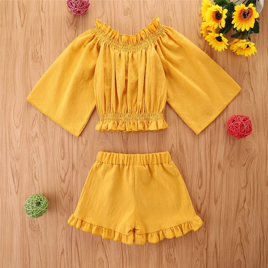 

WenaZao Children Fashion Clothes Set, Girls Long Sleeve Off-shoulder Tops + Short Pants with Ruffles Kid Girls New Clothing Set