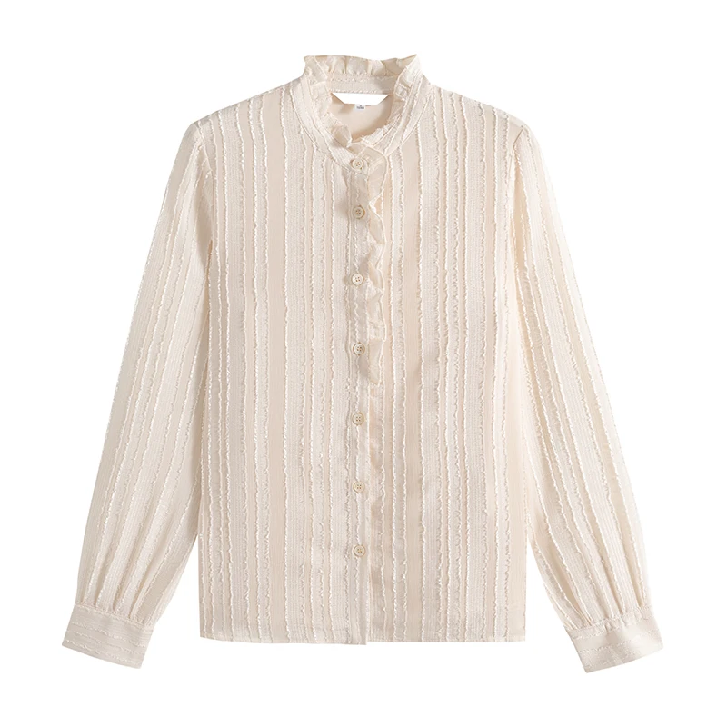 

Real shot 2021 early spring new half-high collar long-sleeved casual fashion shirt blouse with wooden ears