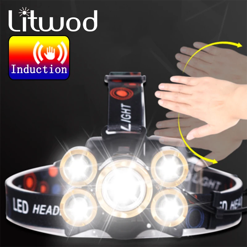 Самый мощный светодиодный налобный светильник 5 T6 фонарь 8000лм ИК датчик умный 18650