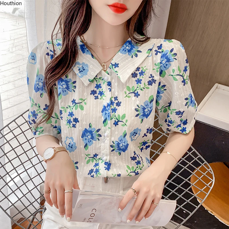 

Houthion Chiffon Slim Women's Blouses Fashion Short Sleeve Top Flowers Buttons Polo Shirt Summer New Casual Blouse