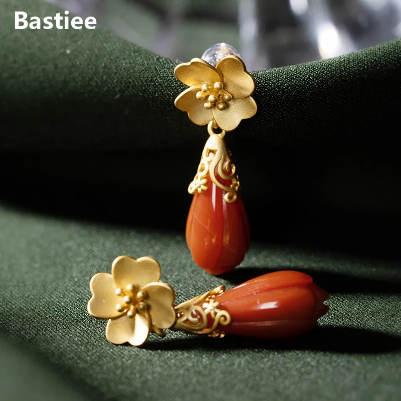 Bastiee Gold Plated Big 925 Sterling Silver Stud Earrings For Women Luxury Jewelry Flower Vintage Earrings Red Agate