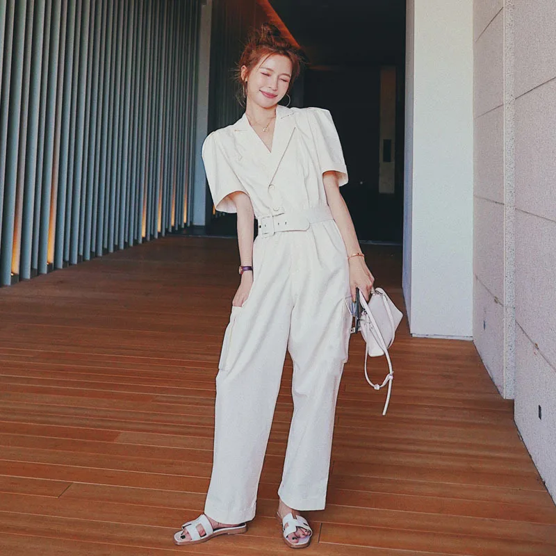 С отложным воротником в стиле ретро талии Комбинезоны прямого силуэта Для женщин