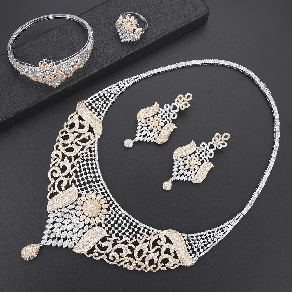 

LARRAURI 2019 Роскошные кубические циркониевая инкрустация воротник ожерелье серьги браслет кольцо Ювелирные наборы для женщин свадебные компл...