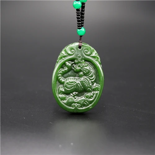 Натуральный зеленый китайский нефритовый Тигр кулон ожерелье из бисера