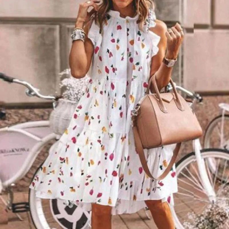 

Elegant Women Dots Print Party Dress Summer Sleeveless O Neck Beach Dresses Ladies Ruffles Loose Mini Dresses Vestidos