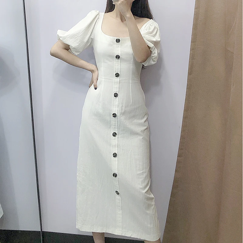 Элегантное Белое Женское летнее платье 2019 с коротким рукавом из хлопка круглым