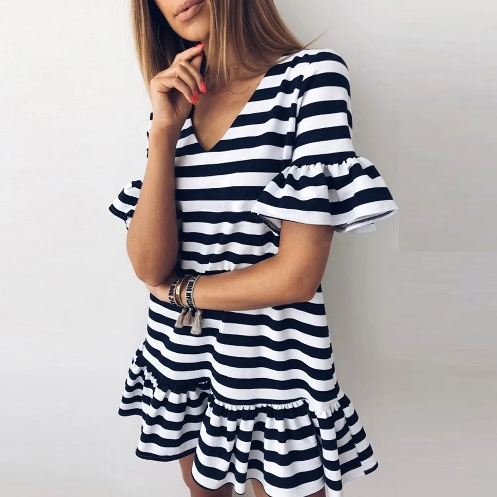 Красное платье в полоску с оборками женское сексуальное шифоновое повседневное