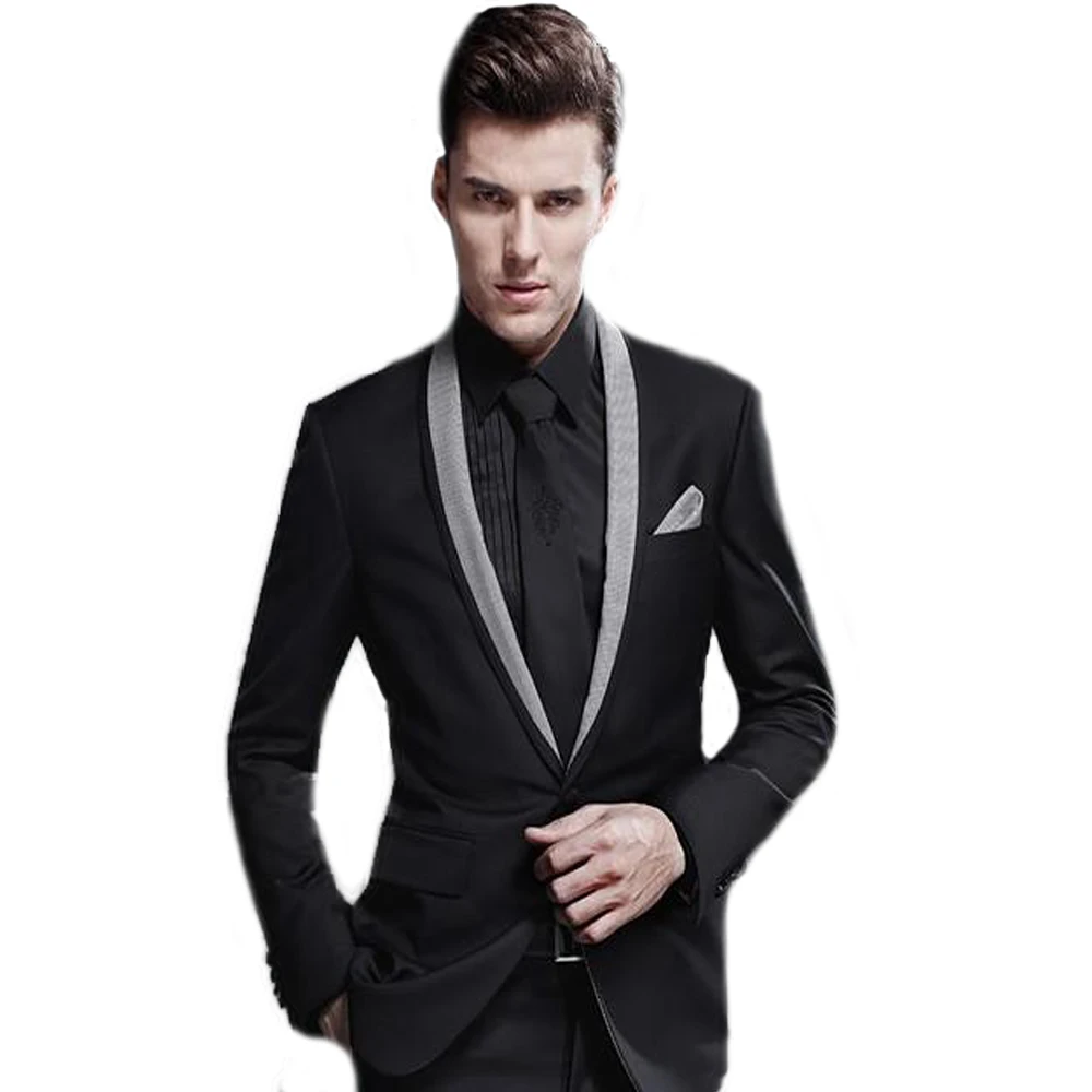 VEIAI Latest one Button Groom Tuxedos Black Best man Shawl Lapel Groomsman Men Wedding Suits ( jacket+Pant+tie)