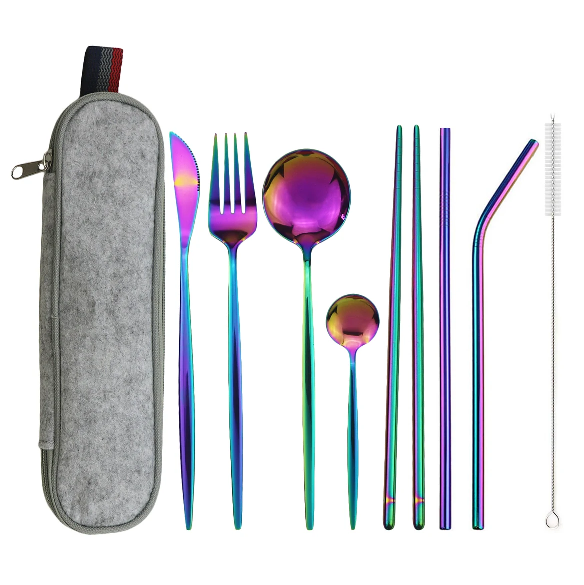 9pcs Rainbow Cutlery Set Travel Camping Dinnerware 304 Stainless Steel Tableware Knife Fork Spoon Set With Straw Chopsticks Case
