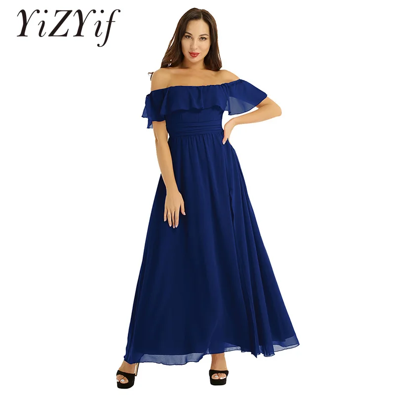 Женское шифоновое платье Элегантное Длинное с оборками на талии и разрезом сбоку