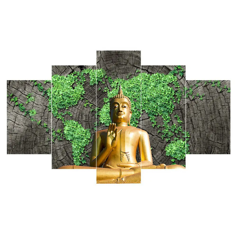 

5 Pcs Canvas Abstract Green Map Pictures Print Wall Art Canvas Paintings Wall Decor for Living Room Buddha Meditation No Framed
