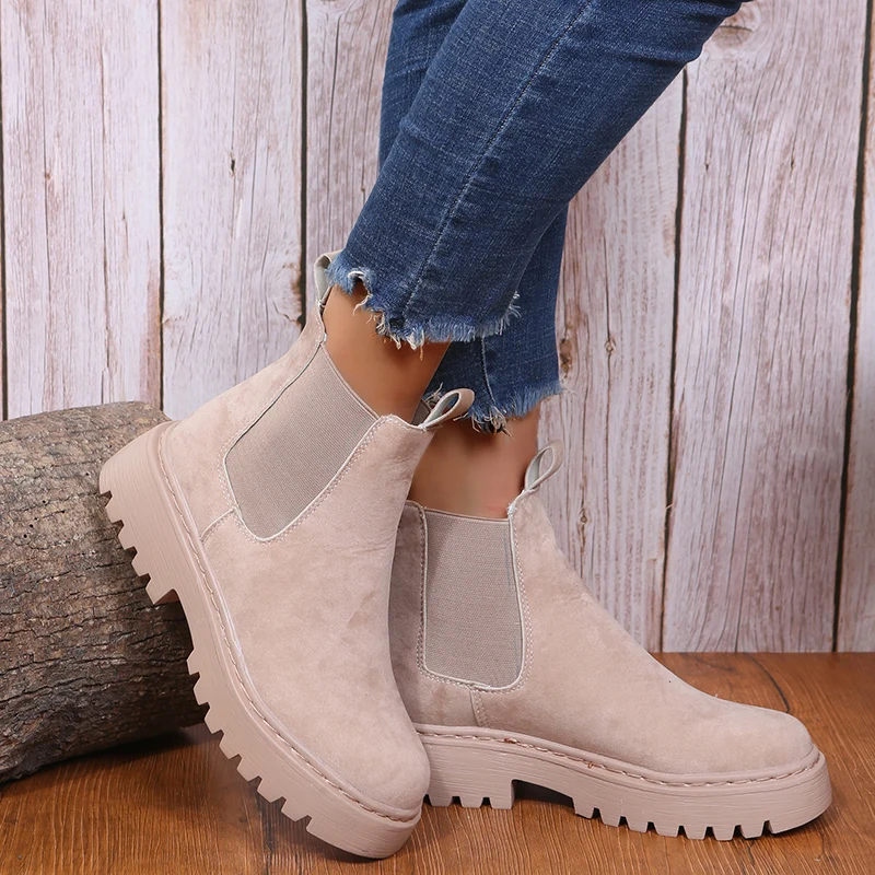 2021 Chelsea Boots Chunky Boots Women Winter Shoes Cow Suede Ankle Boots Black Female Autumn Fashion Platform Booties Wedges