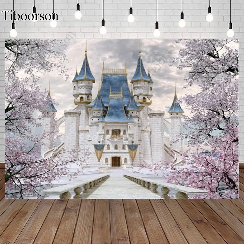 Photography Backdrops Cinderella Fantasy Fairy Blue Castle Cherry Blossoms Tree Children Kids Photo Background Studio Props