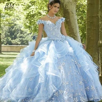 bm light sky blue princess quinceanera dress 2021 off shoulder appliques sequins flowers party sweet 16 gown vestidos de 15 anos