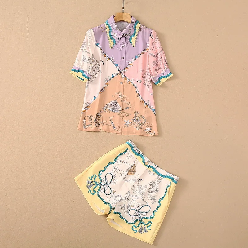 

European and American women's wear for summer 2021 Short sleeved shirt with beaded lapels Cartoon print shorts Fashion suits