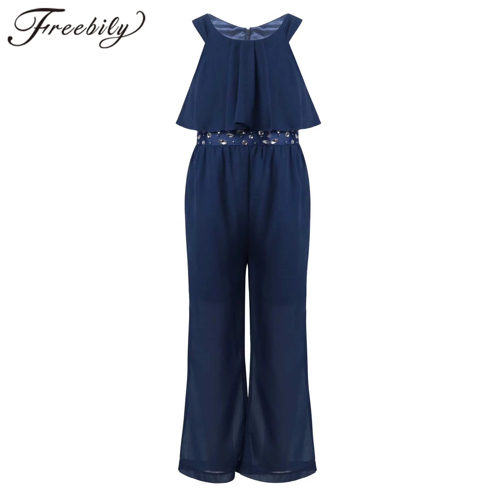 

Kids Girls Overalls Chiffon Sleeveless Sparkly Rhinestone High Waist Wide Leg Maxi Jumpsuit Girl Playsuit Childrens Dance Wear