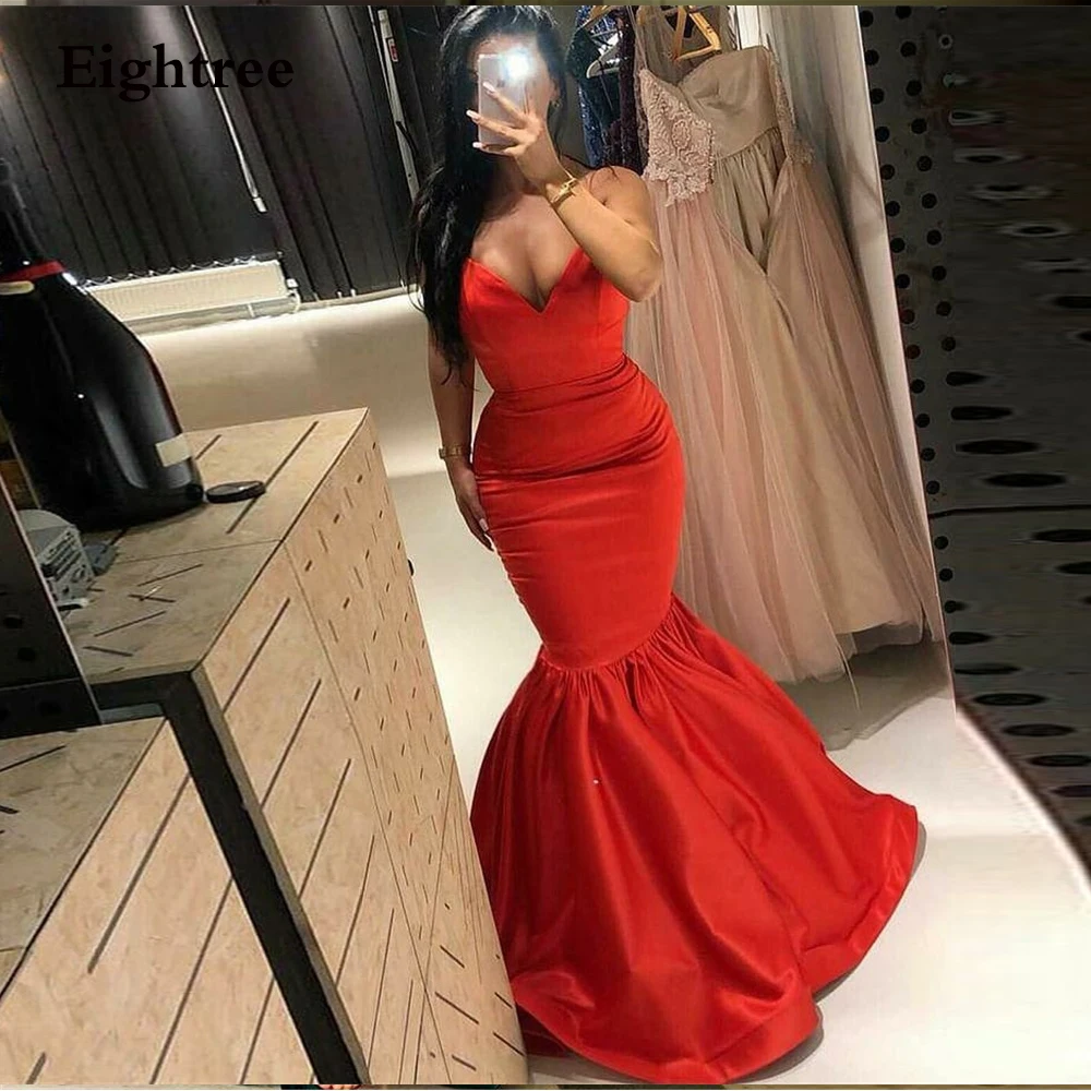 

Eightree Red Long Spaghetti Straps Mermaid Simple Evening Dress Side Slit V Neck Floor Length Women Party Gowns Dress