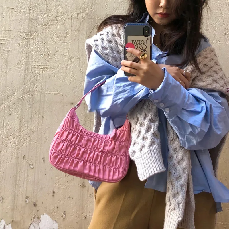 Женская сумка тоут плиссированная карамельного цвета нейлоновая летняя 2020|Сумки