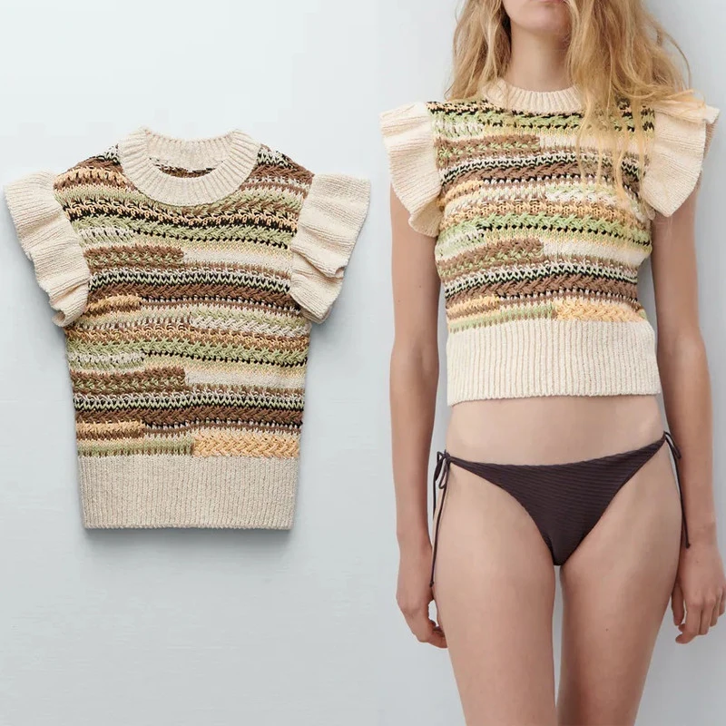 

Женский укороченный свитер Za, вязаный жилет с коротким рукавом и оборками, облегающий винтажный свитер, пуловеры, осень 2021