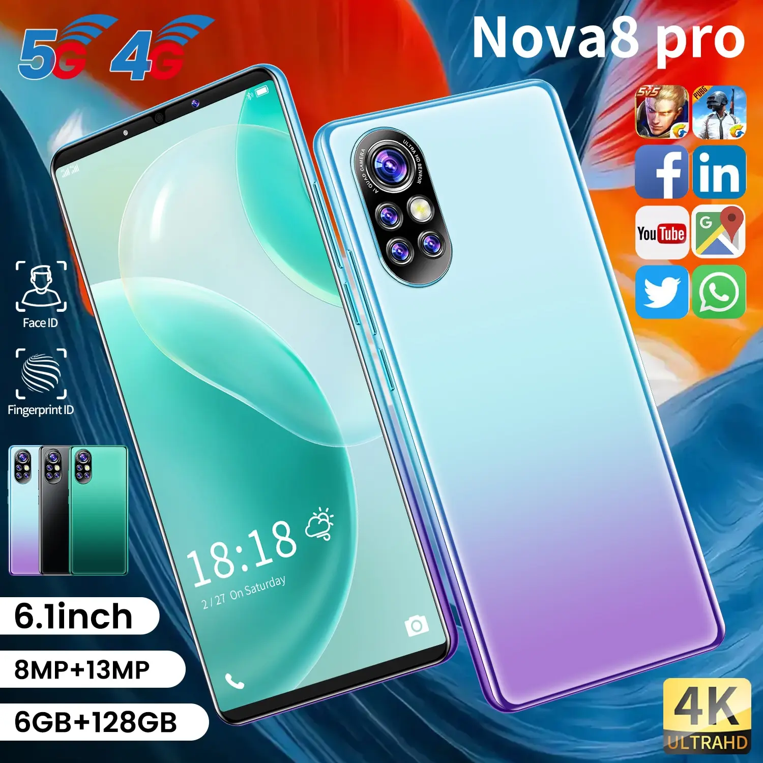 

Nova8 Pro Smart Phone 2021 New Global Version 6gb + 128gb 5200mah Dual Sim + Micro Sd Fingerprint Id 8 16mp Cell Phone