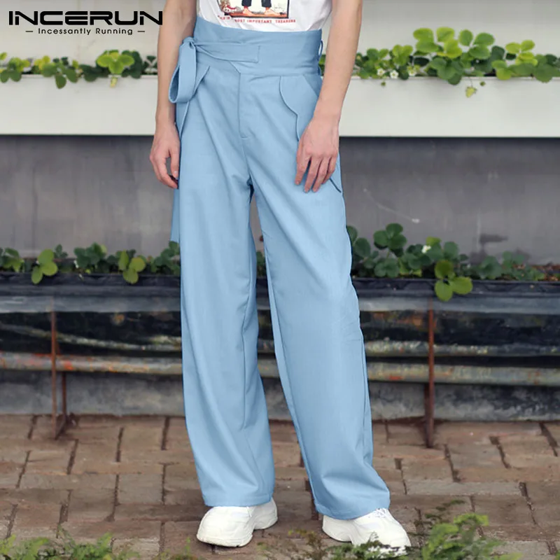 

Men Casual Pants Korean Solid Color High Waist Joggers 2021 Straight Trousers Lace Up Pockets Streetwear Pantalon S-5XL INCERUN