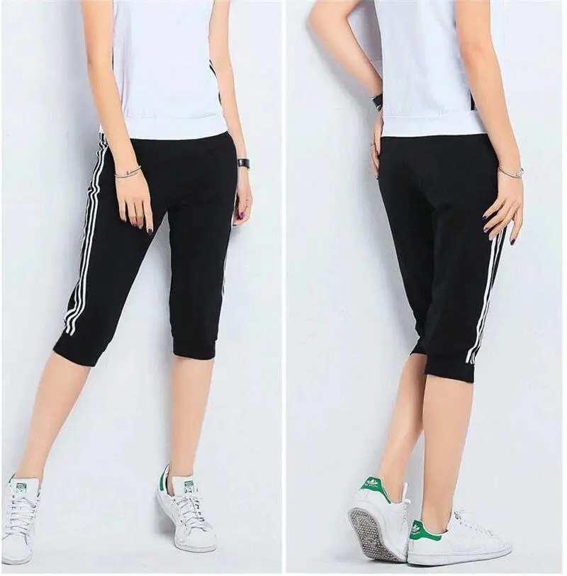 

Joggers Women Sweatpants Summer Capris Pants Side Striped Elastic High Waist Sport Casual Calf Length Trousers Plus Size Y2K
