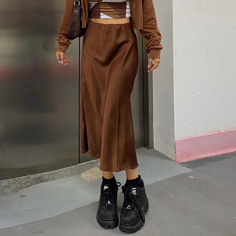 

Streetwear Black Brown Y2K Skirt Harajuku Vintage Fashion Satin High Waist Slit Slim Fit Long Pencil Skirst Womens 2021 New