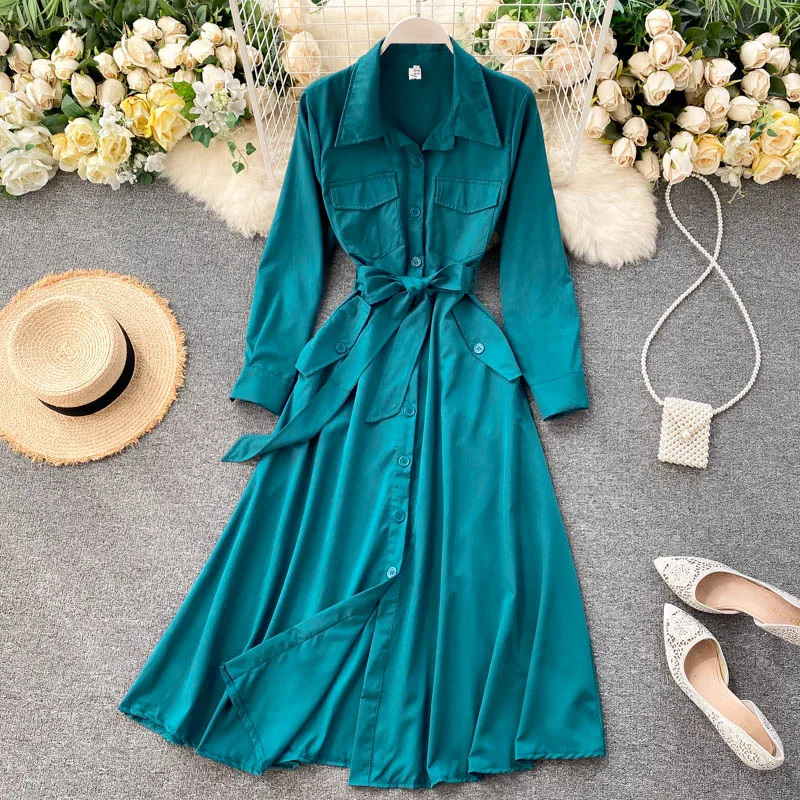 

Spring Autumn Women's Dress Retro Single-breasted Lace-up Waist Dress New Commuter Slim Long-sleeved Female Dresses LL346