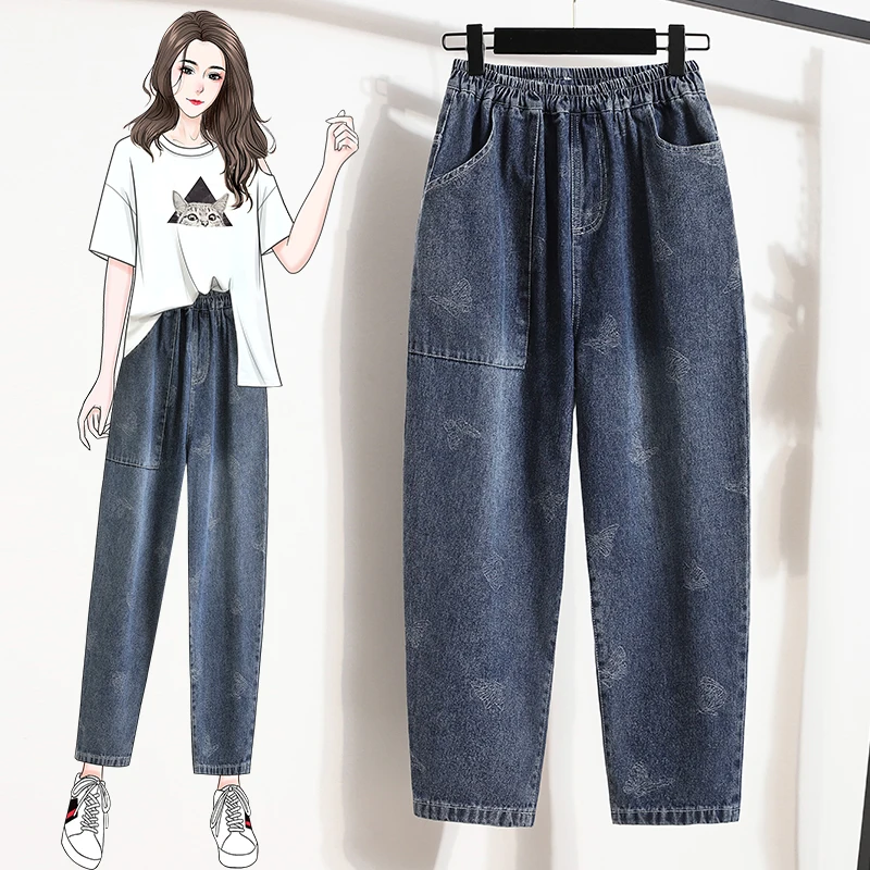 

Elastic Waist Printed Haroun Plus Large Size Oversize Korean Vintage Clothes Women'S High Waist Trousers Fashion Jeans Pants