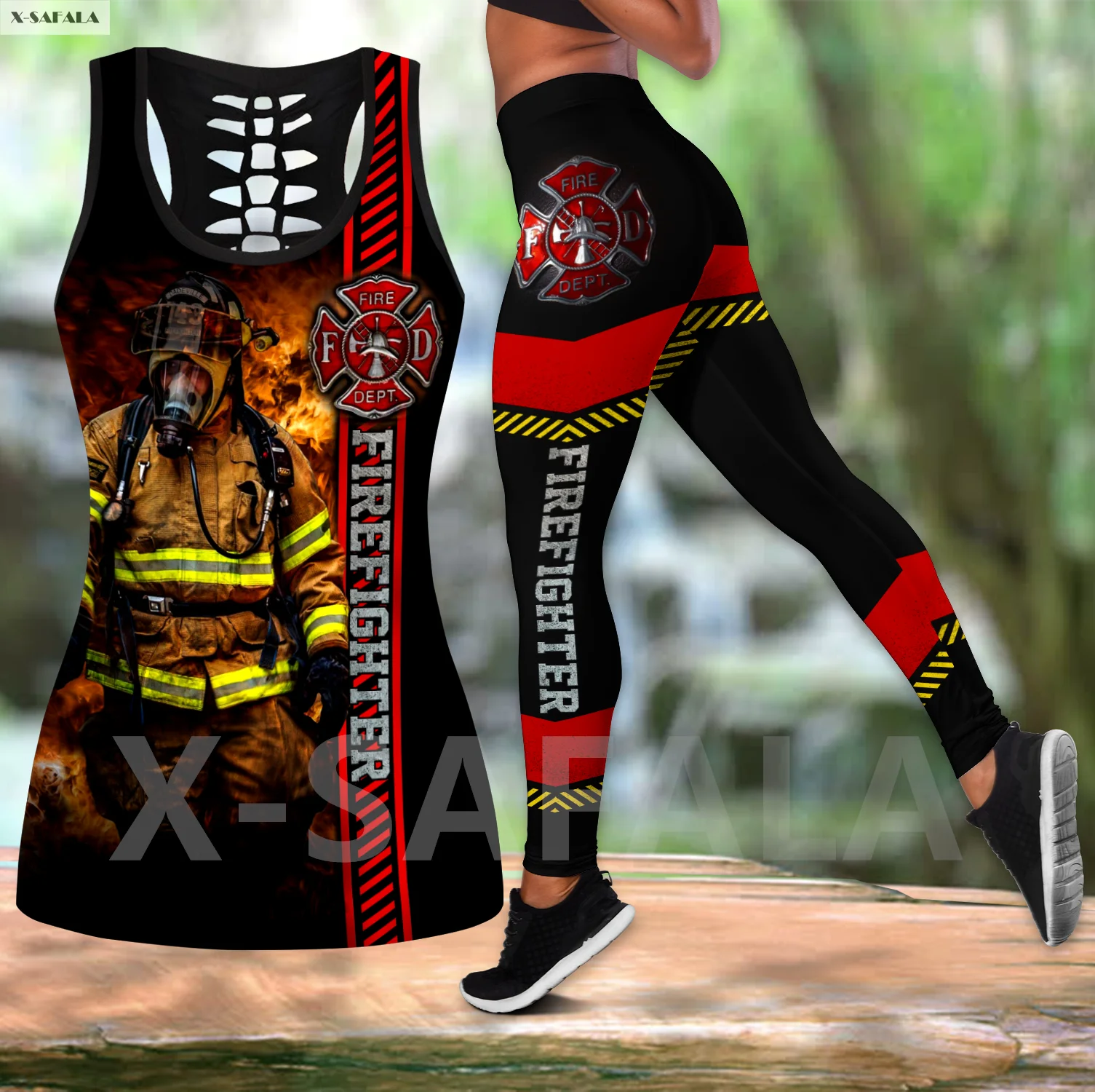 

Brave Firefighter 3D Printed Women Combo Two Piece Yoga Set Vest Hollow Out Tank Top B2 High Waist Legging Summer Casual Sport