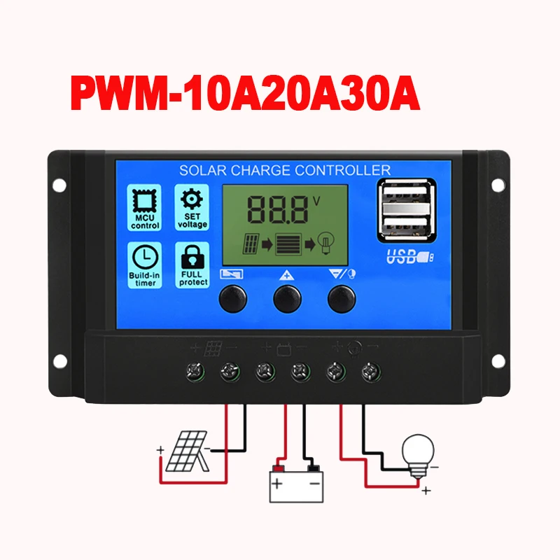 12 В 24 в авто. PWM Контроллер заряда солнечной батареи 10A20A30A40A50A6 0A ЖК-дисплей и 5V