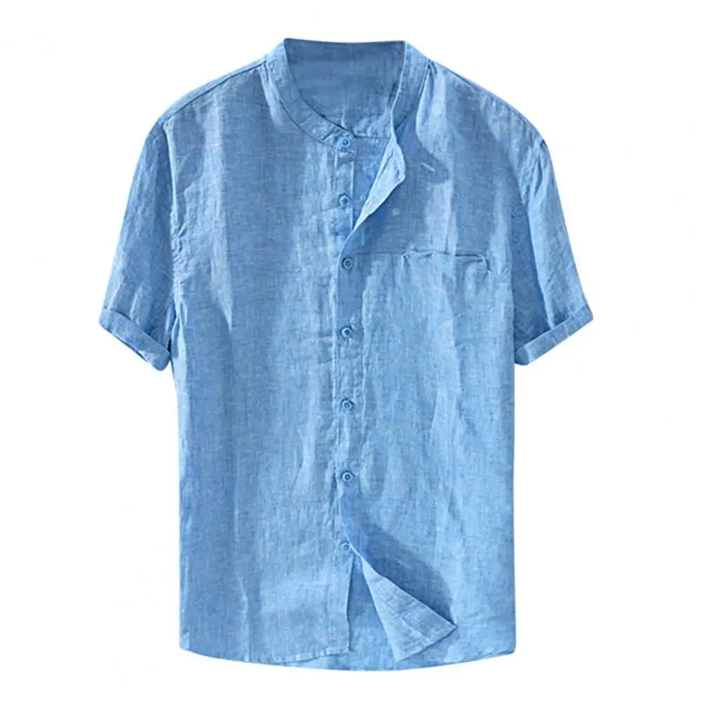

Plus Size Men Shirt Casual Solid Color Stand Collar Short Sleeve Shirt Summer 2021 Loose Single-breasted Top Fashion Male Shirts