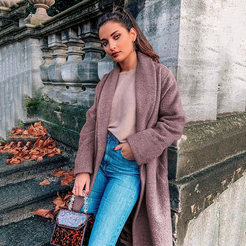 Осень-зима 2019 модное одноцветное шерстяное повседневное пальто женское теплое