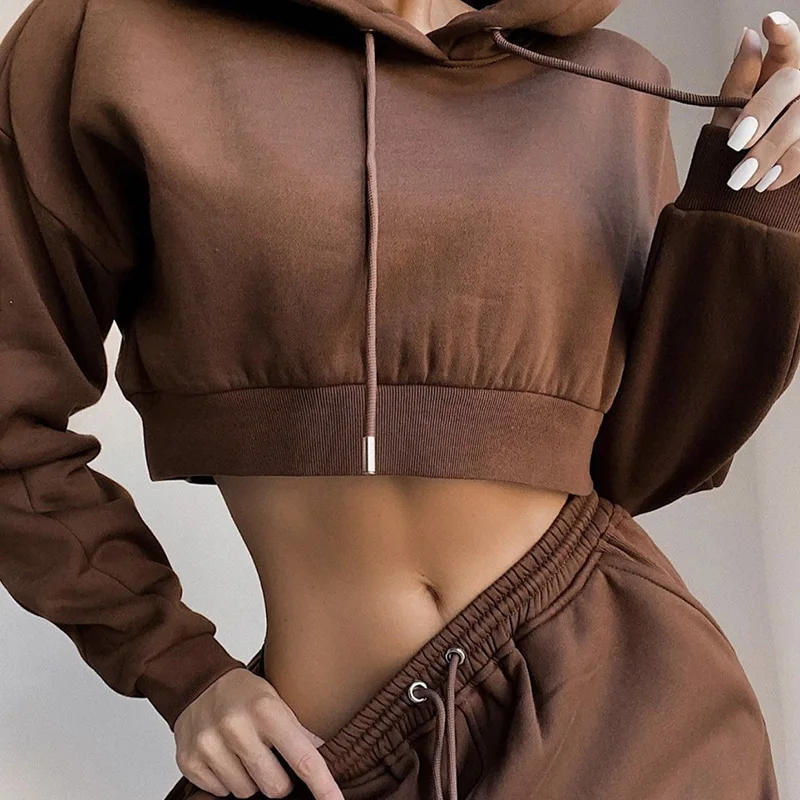 

1PC Women's Fashion Casual Sports Pure Color Navel Bare Hooded Sweater Polyester Elastic Waist Lace-up Pants Set S27